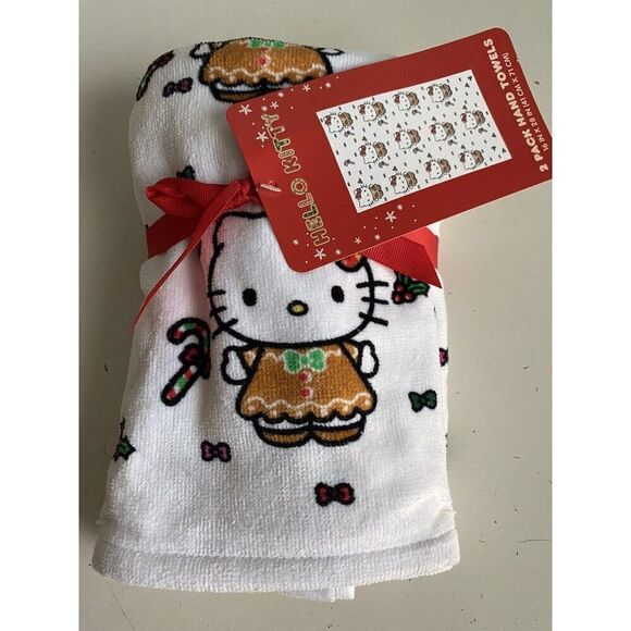 2 Pk Sanrio Hello Kitty Christmas Gingerbread Dress Candy Cane Bath Hand Towels - Picture 1 of 12